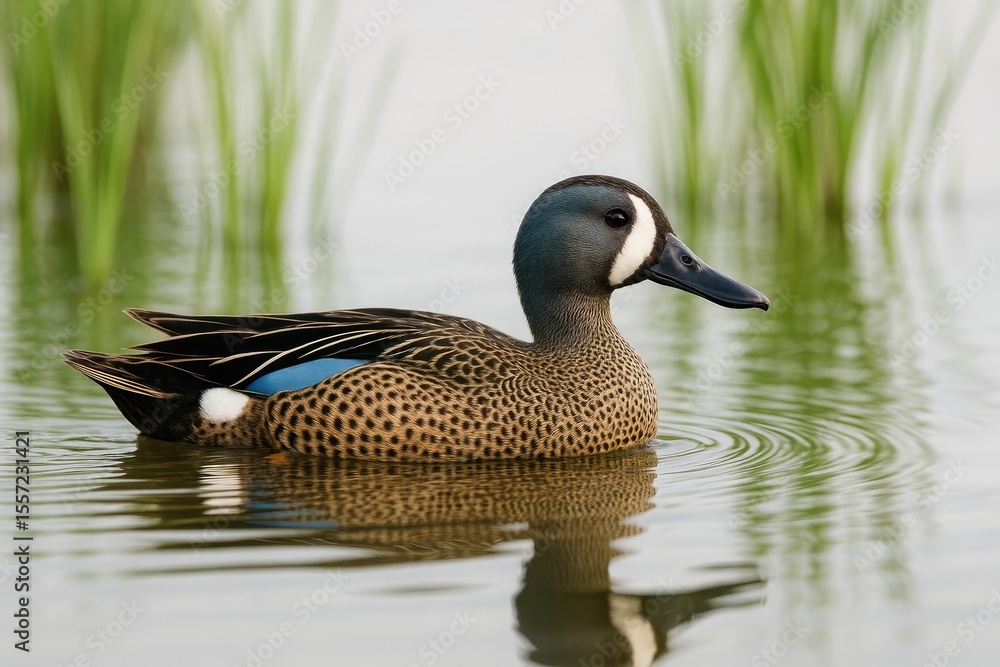 Obraz premium A vibrant blue-winged teal duck gliding through a wetland habitat