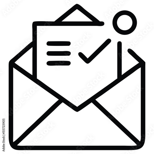 Outline of Open Envelope with Document, Checkmark, and Notification Circle