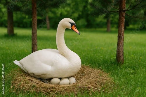 Fototapeta Naklejka Na Ścianę i Meble -  A white swan creates a nest and lays eggs beneath pine trees during summer
