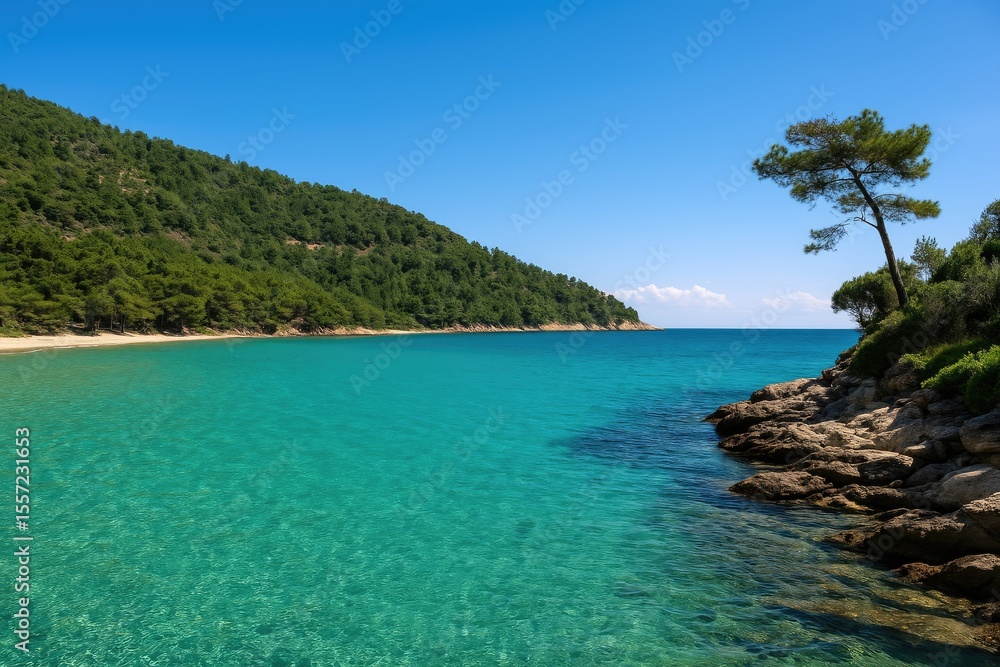 Fototapeta premium Stunning azure waters along the shoreline of a picturesque Mediterranean island close to a tropical beach