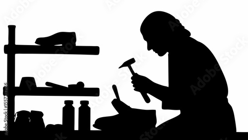 Silhouette of a cobbler working on a shoe with a hammer next to a shelf with tools and supplies