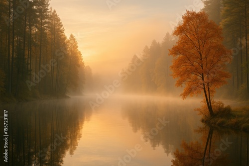 Wallpaper Mural Morning mist over a tranquil lake in autumn Torontodigital.ca