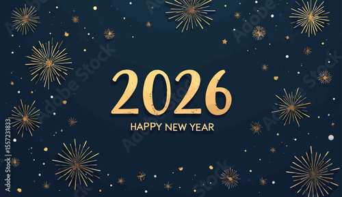 Elegant 2026 Happy New Year Illustration with Gold Fireworks and Dark Blue Background