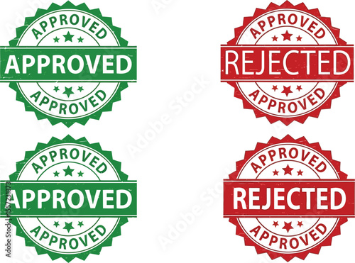 A set of green approved stamps and red rejected stamps on white background