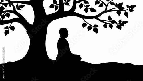 Silhouette of a person meditating under a tree with leaves in a peaceful and serene environment scene