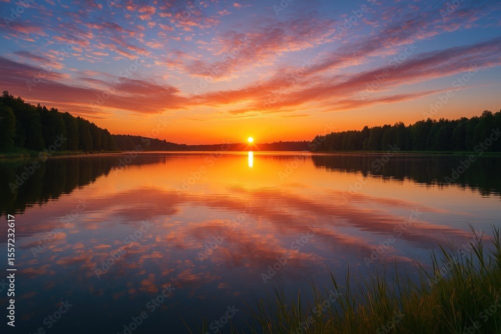 Fototapeta premium Stunning dawn over a tranquil lake with vibrant morning hues in a scenic European setting