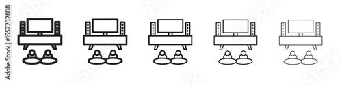 Home cinema iconBlack linear bold and thin strokes set