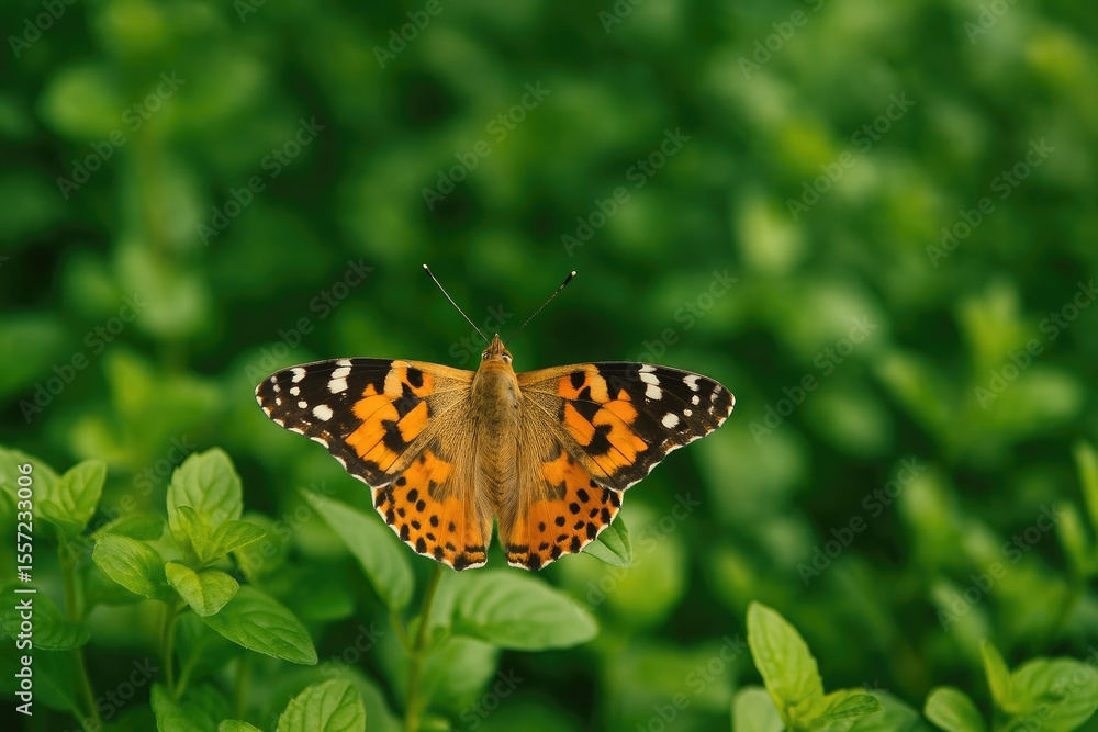 Obraz premium Elegant butterfly perched on lush green foliage in a garden setting