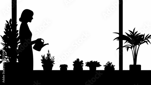 Silhouette of woman watering plants in pots on a windowsill with a window frame on either side view indoors