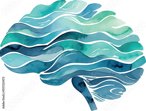 Brain Waves Watercolor Art. Emotional Balance and Mental Clarity Concept Illustration.