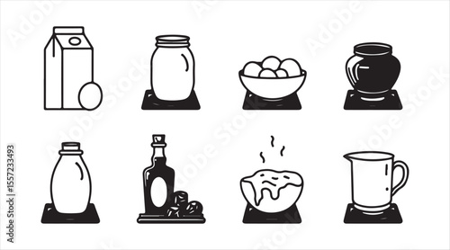 A set of silhouette icons representing eggnog for culinary recipes. Pictograms depicting the process of making a hot homemade drink on the stove. Components consist of milk, cream, eggs, spices, alcoh