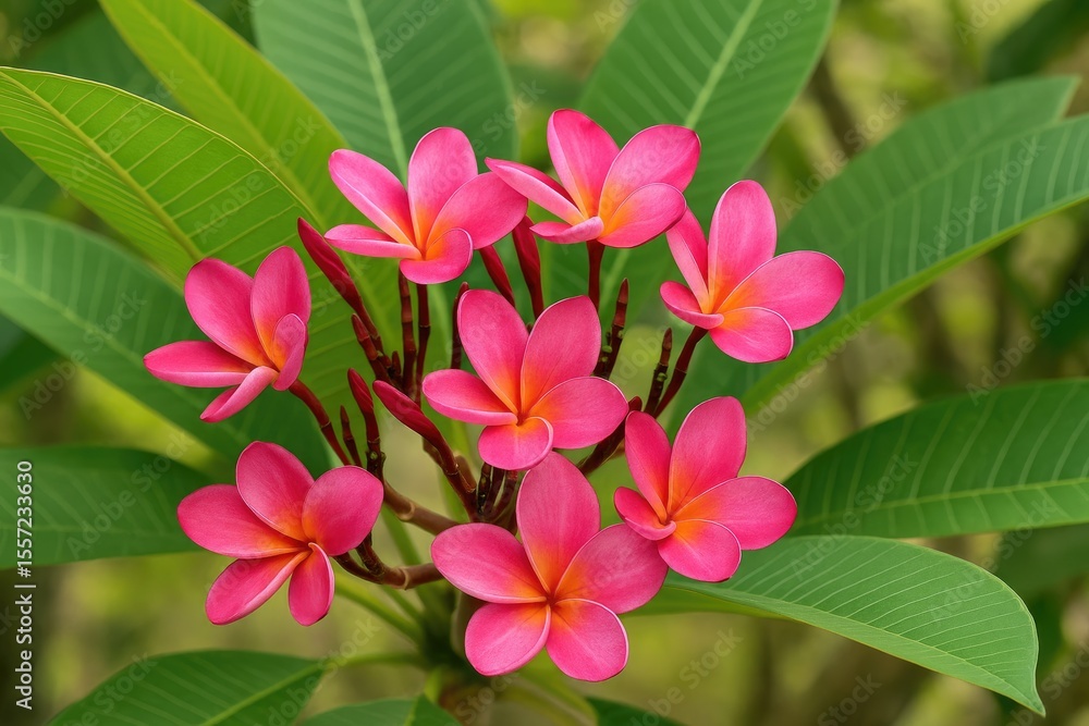 Fototapeta premium Stunning pink blossoms on a tropical plumeria branch, fragrant Frangipani flowers
