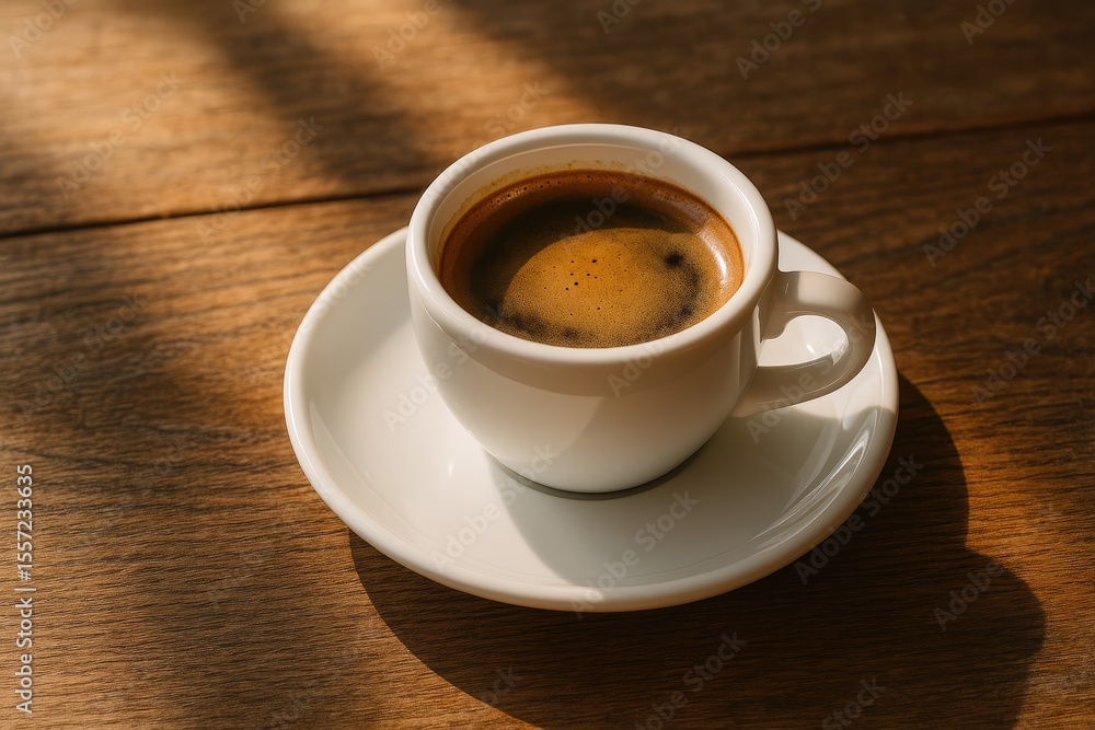 A morning scene featuring a shot of espresso on a rustic wooden surface A morning scene featuring a shot of espresso on a rustic wooden surface