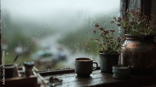 Cozy morning coffee book rainy window