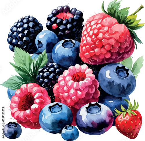Watercolor berries mix with raspberry blueberry strawberry and blackberry on white background
