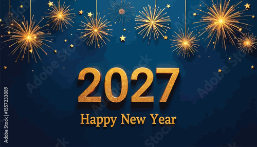 Happy New Year 2027 Celebration with Golden Fireworks and Stars on Blue Background