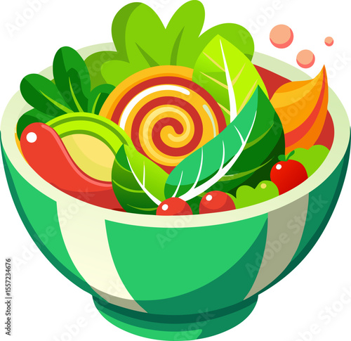 Bright vector of a salad bowl with colourful vegetables and dressing swirl with white background.