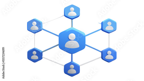 blue communication network with hexagonal nodes representing users isolated on white background.
