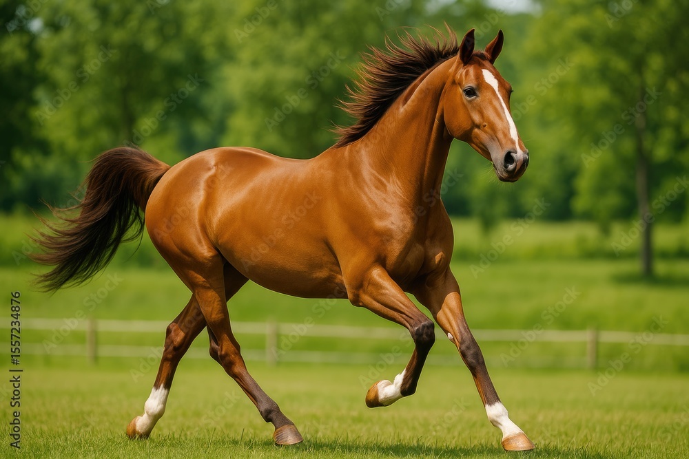 Obraz premium A youthful chestnut mare of Holsteiner breed galloping freely across a field