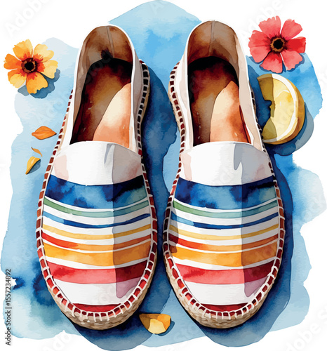 Watercolor summer espadrilles with striped pattern beach fashion illustration