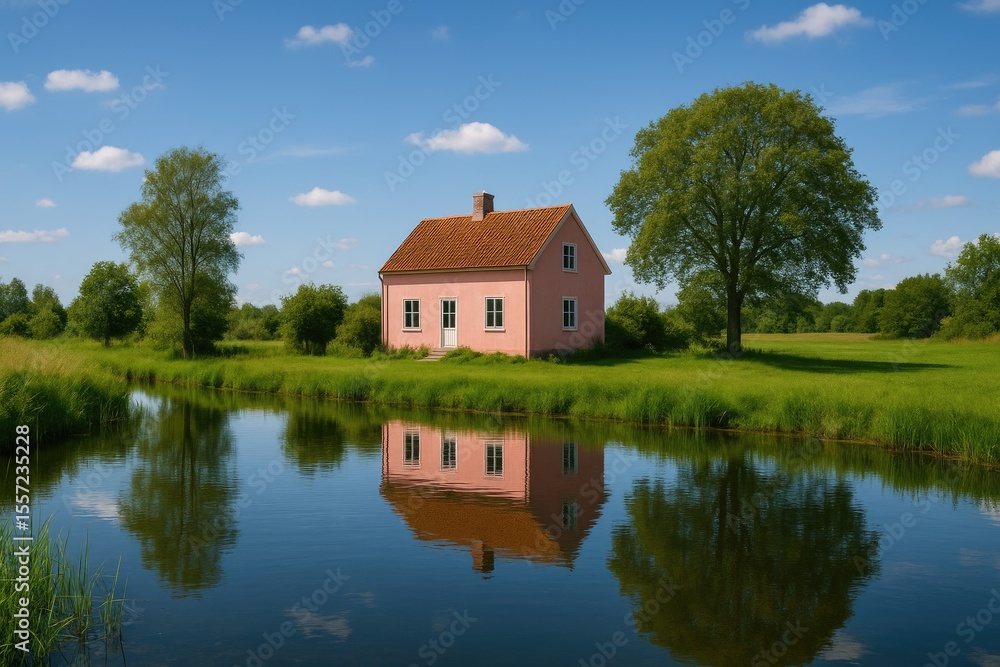 Obraz premium A pink house situated at the edge of a small village