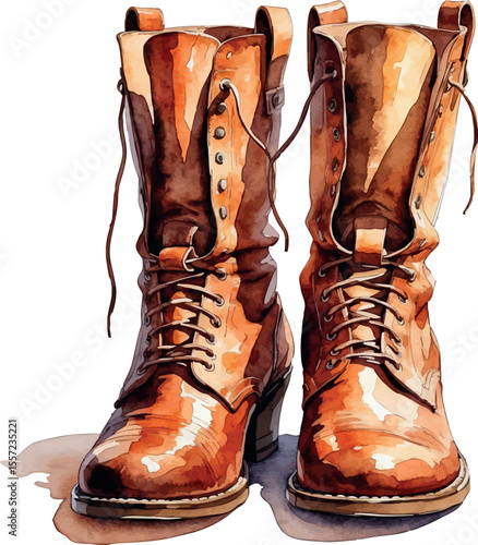 Watercolor vintage leather boots in brown tones handpainted fashion footwear illustration