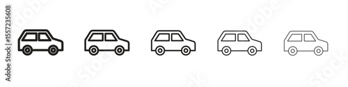 Compact car iconBlack linear bold and thin strokes set