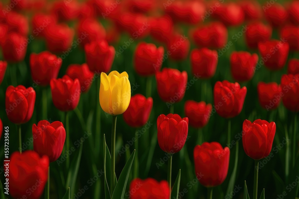 A vibrant yellow tulip contrasts with a bed of red tulips A vibrant yellow tulip contrasts with a bed of red tulips