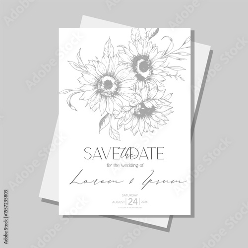 Sunflowers Wedding Invitation template, Outline Sunflowers Minimalist Wedding Invitate Template, Line Art Sunflowers Wedding