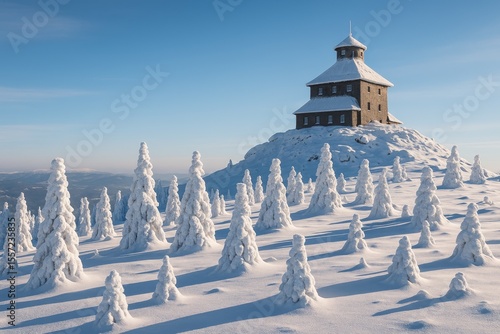 Fototapeta Naklejka Na Ścianę i Meble -  Breathtaking icy wilderness featuring frost-covered trees surrounding a mountain summit in a renowned mountain range, showcasing a magical winter scene