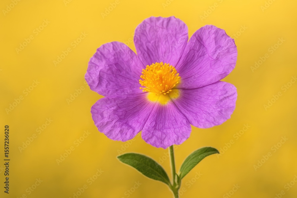 Obraz premium Elegant blossom featuring vibrant yellow stamens and textured violet petals set against a soft yellow backdrop