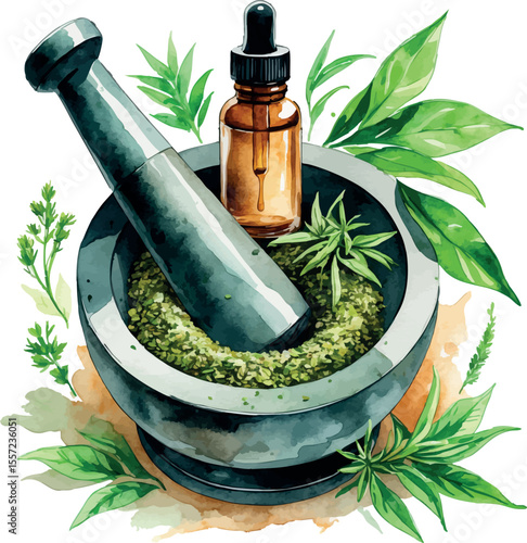 Watercolor vector of natural herbal skincare set with green tea and mortar