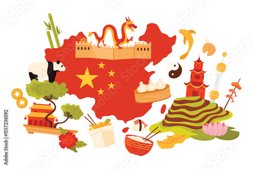 Travel to China, infographic collage of famous culture elements, food and landmarks. Chinese old temples and Great Wall of China, dragon and dim sum, panda and country map cartoon vector illustration