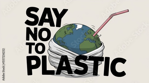 plastic pollution concept. Say no to plastic bags.  planet wrap by plastic and a straw. Campaign to reduce plastic usage.