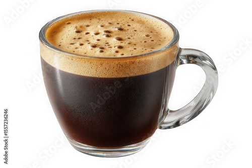 A steaming hot cup of rich dark espresso coffee with a thick layer of golden brown crema in a clear glass mug