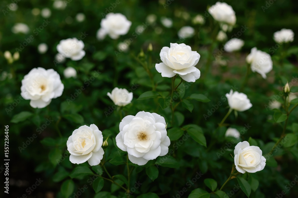 A cluster of white roses blooming in a lush garden A cluster of white roses blooming in a lush garden