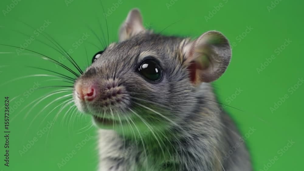 Close-up of a curious small rodent with vibrant green background, showcasing its features Close-up of a curious small rodent with vibrant green background, showcasing its features
