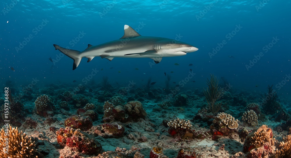 Fototapeta premium Graceful silvertip shark cruises along a vibrant coral reef ecosystem in the clear blue ocean waters
