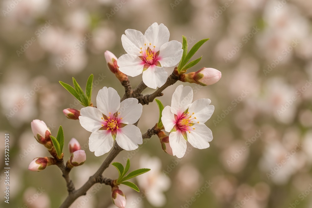 Obraz premium Close-up of delicate white and pink almond blossoms with yellow stamens, buds, and greenery, set against a soft floral backdrop