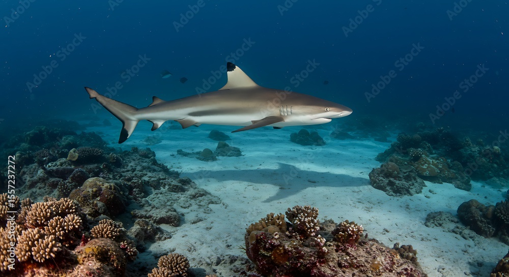 Fototapeta premium Blacktip reef shark cruises over coral reef, a marine life spectacle in clear ocean waters, showcasing predator and prey in aquatic habitat.