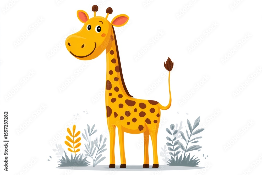 Obraz premium Cute cartoon giraffe smiling and standing in the savannah