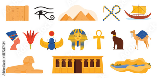 Travel to Egypt set, elements of ancient culture and Egyptian landmarks. Pyramids of Giza and Sphinx, Cleopatra and old papyrus with hieroglyphs, scarab and Ankh symbol cartoon vector illustration