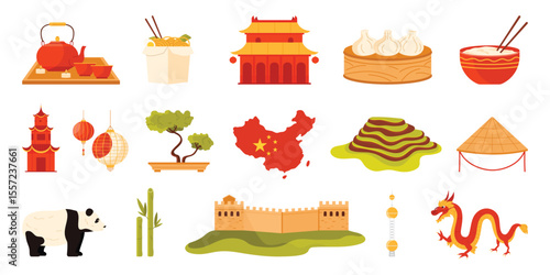 Travel to China, Chinese culture elements and architecture landmarks, famous food and animals infographic set. Old pagoda and traditional dragon, tea ceremony and lantern cartoon vector illustration