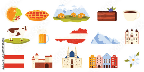 Culture elements, food and landmarks of Austria set. Map with Austrian flag and castle, mountain landscape and cow, coffee and slice of Sacher cake, traditional houses cartoon vector illustration