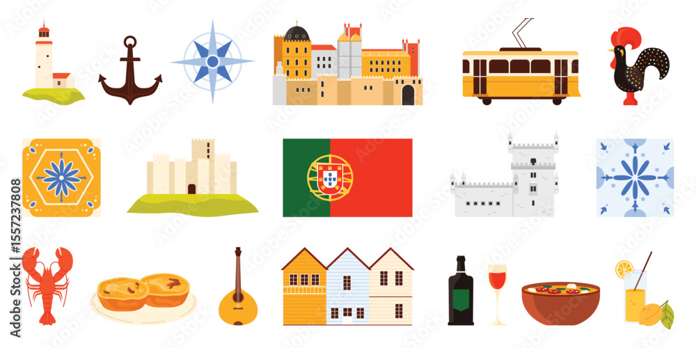 Obraz premium Culture elements and architecture landmark of Portugal set. Portuguese food and wine, Belem Tower and tram in Lisbon, famous ceramic tile and rooster, lighthouse and anchor cartoon vector illustration