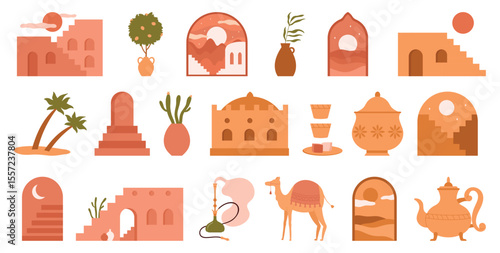 Morocco culture elements set. Moroccan ancient palace with arch door and ladder, Arabian heritage architecture of sand desert and caravan camel, pottery and hookah cartoon vector illustration
