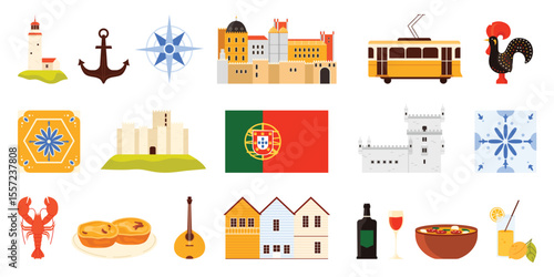 Culture elements and architecture landmark of Portugal set. Portuguese food and wine, Belem Tower and tram in Lisbon, famous ceramic tile and rooster, lighthouse and anchor cartoon vector illustration