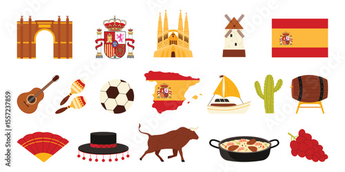Travel to Spain, elements of culture and heritage landmarks set. Spanish flag and map, matador hat and bull, Sagrada Familia and windmill, traditional musical instruments cartoon vector illustration