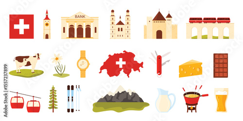Travel to Switzerland, Swiss culture elements, food and attractions stickers set. Flag with cross on map, Clock Tower of Bern and penknife, cow and cheese, Alps mountains cartoon vector illustration