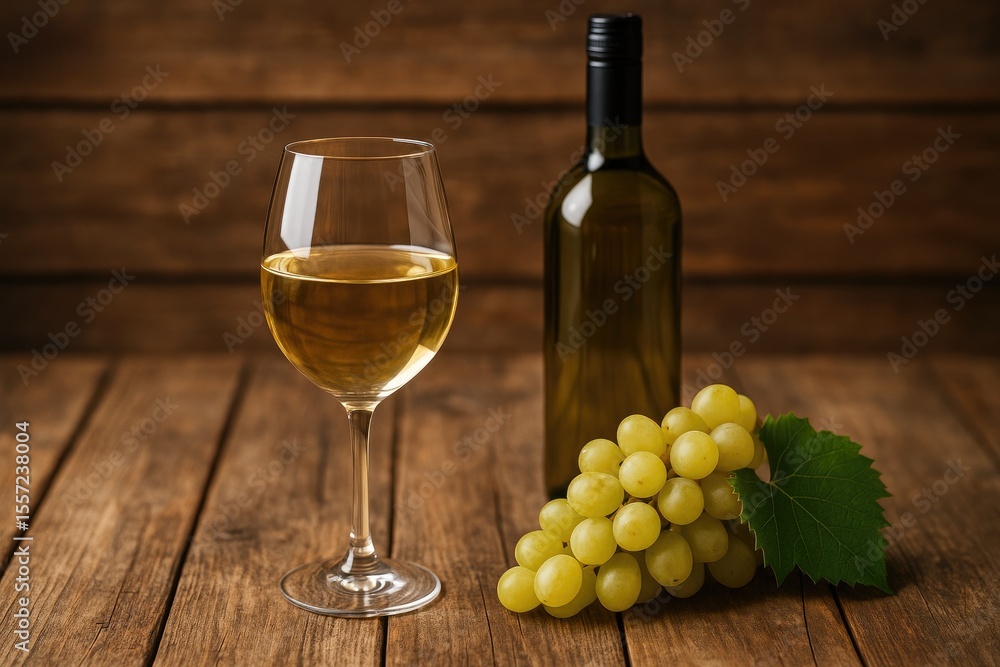 Fototapeta premium A rustic wooden table featuring a glass of homemade white wine alongside grapes and a wine bottle